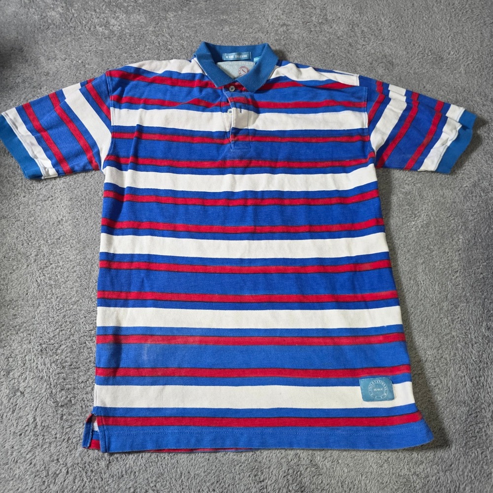 Weatherproof Mens Large Polo Shirt Blue White Red Striped Pique Short Sleeve